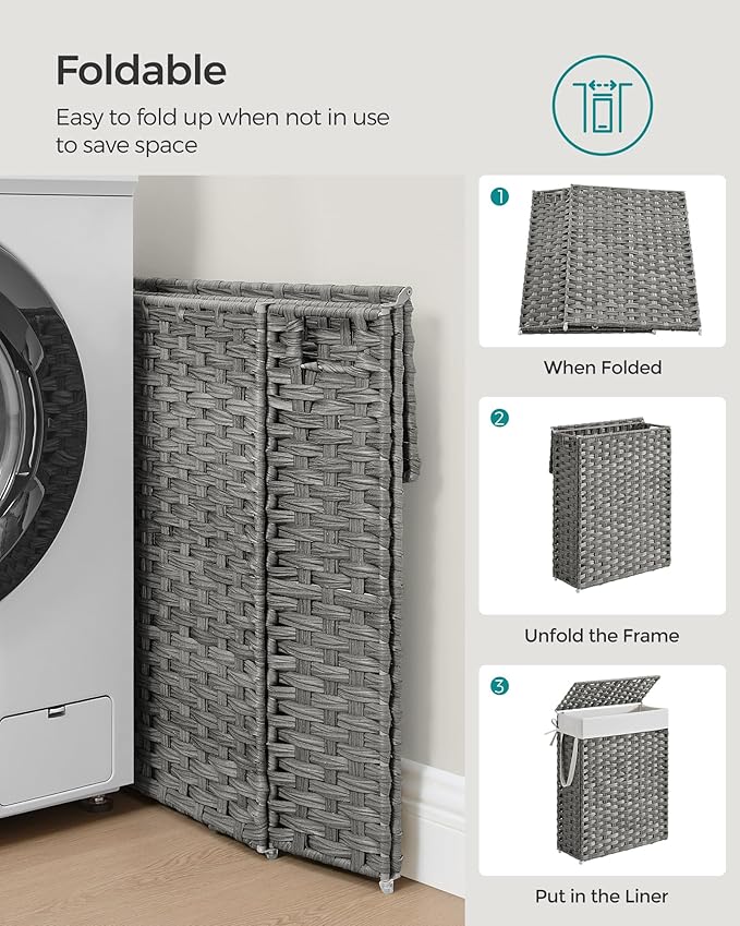 SONGMICS Slim Laundry Hamper with Lid, 14.5 Gallon (55L) Rattan Clothes Laundry Basket with Lid and Handles, Foldable, Removable Liner, Dove Gray ULCB164G01