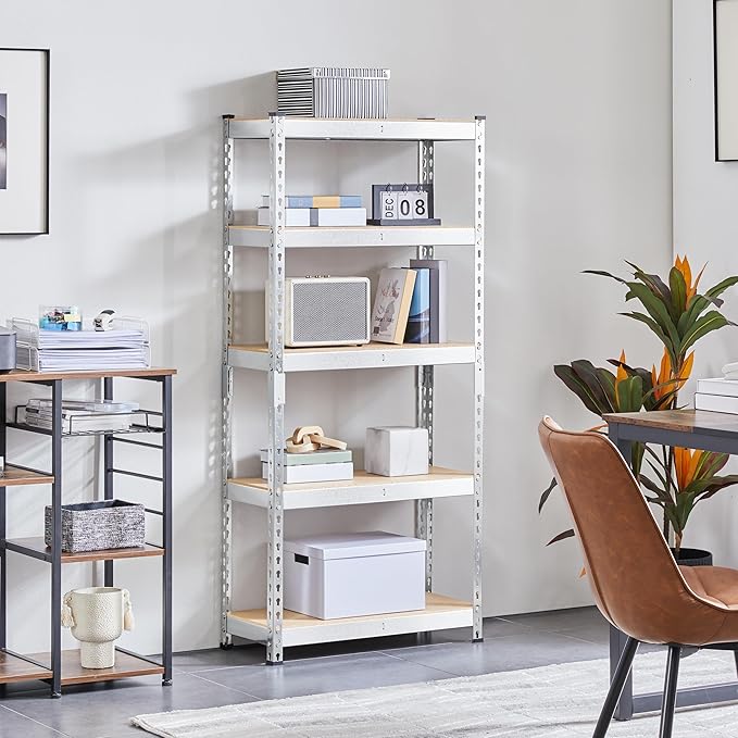 Topeakmart 5-Tier Utility Shelves, Metal Storage Shelves, Adjustable Shelving Units, Boltless Assembly, Garage Shelves Shed Shelving for Warehouse Garage Shed Basement- Silver, 27.5 x 12x 60 Inch