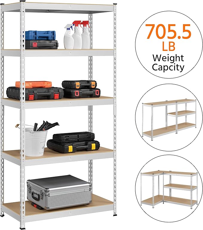 Topeakmart 5-Tier Utility Shelves, Metal Storage Shelves Garage Shelving Unit Adjustable Garage Storage Shelves Storage Racks Heavy Duty Shed Shelving- Silver, 35.5 x 17.5 x 72 Inch