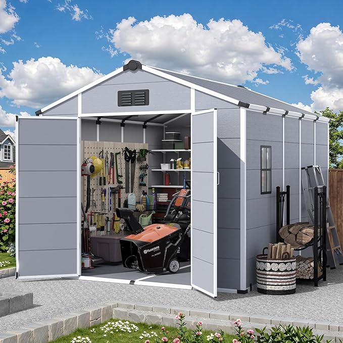 MELLCOM 8 x 10 FT Resin Outdoor Storage Shed with Floor, Outdoor Storage Tool Shed with Windows and Lockable Door, Resin Garden Shed for Garbage Can, Lawnmower, Bike