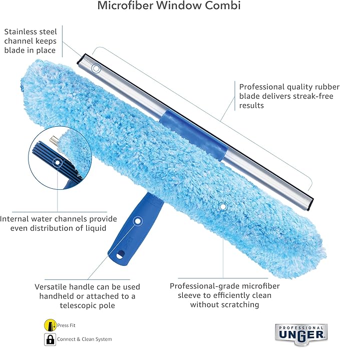 Unger Professional 2-in-1 Squeegee & Scrubber - 10” Window Cleaning Tool – Cleaning Supplies, Squeegee for Window Cleaning, Commercial & Residential Use, Microfiber Sleeve