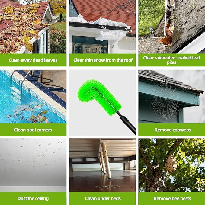 13FT Gutter Cleaner Tools, Long-Reach Rain Gutter Cleaning Brush, Removes Leaf Debris from Roof Gutters Without a Ladder, Leaf Cleaning Kit with 2 Brushes and Storage Bag, Green