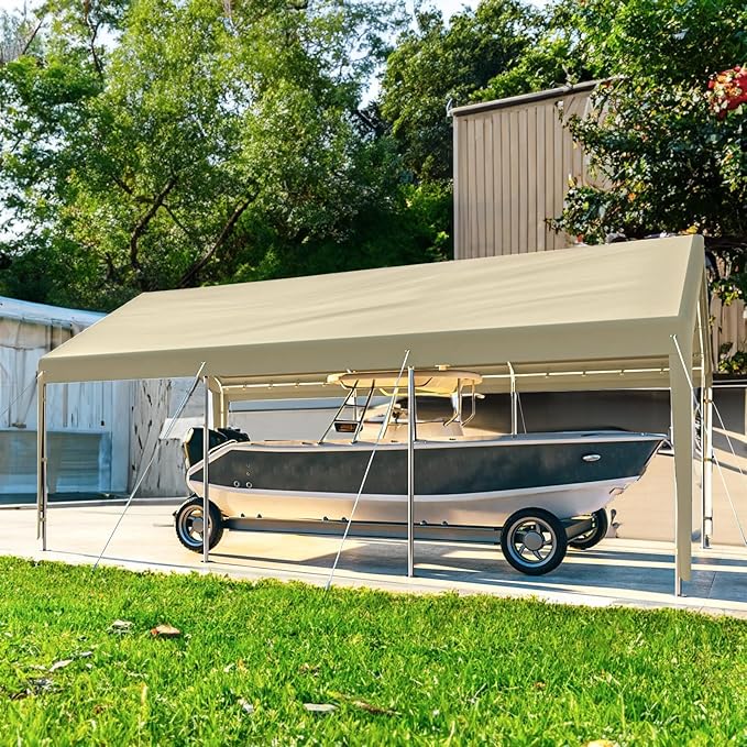 Carport 10x20 Ft Heavy Duty Canopy Steel Canopy Storage Shed,Portable Garage Party Tent,Portable Garage with Removable Sidewalls & Doors All-Season Tarp for Carport (Beige)