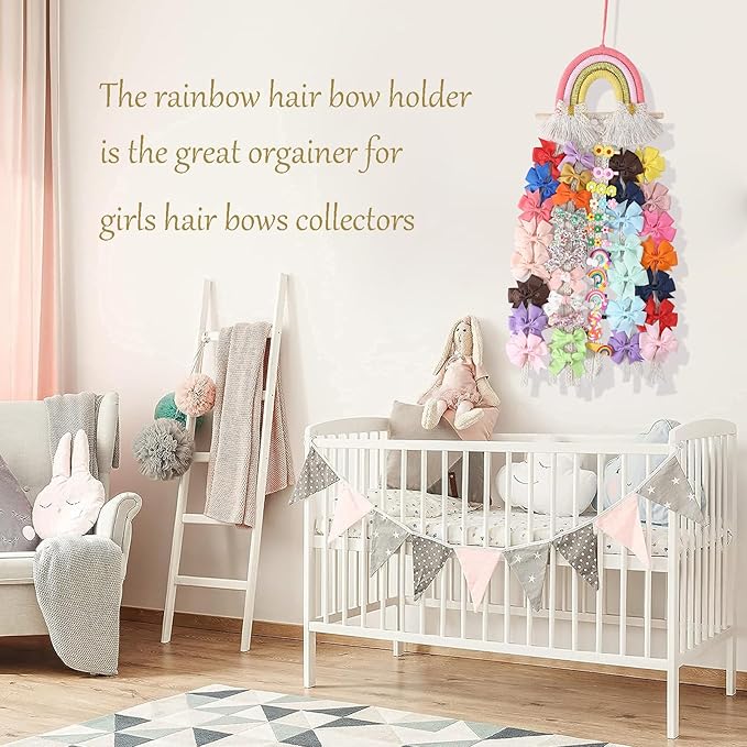 YOcity Bow Holder for Girls Hair Bows Organizer for Girls with Lace Ribbon Perfect for Baby Girl Nursery Room Decor (Colorful)