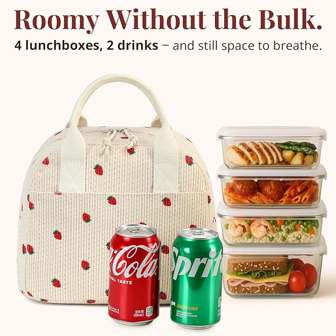 Insulated Strawberry Lunch Bag for Women, Stylish Corduroy Tote with Aluminum Lining, Large Capacity Reusable Cooler for Work, Travel, Beach or Picnic, Beige Cream Water-Resistant Lunch Box