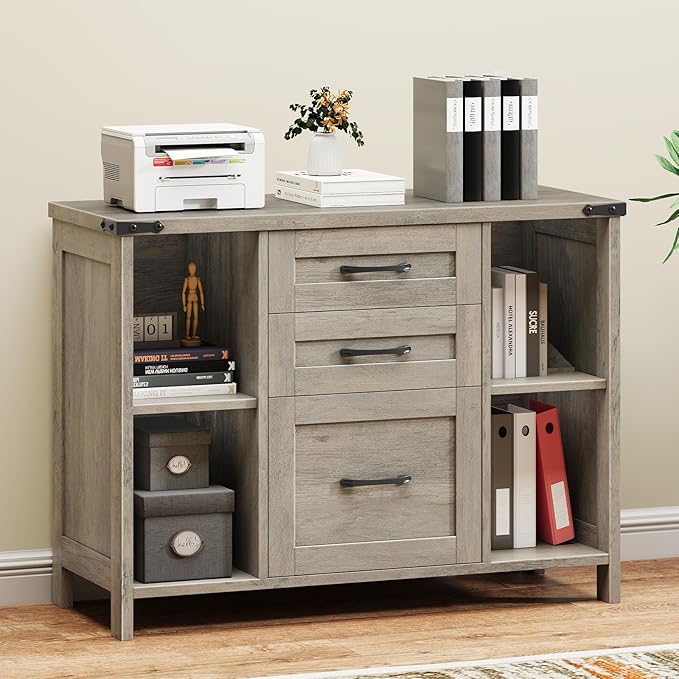 3 Drawer File Cabinet, Farmhouse Lateral Filing Cabinet Fits File Letter or A4 Size, Wooden Printer Stand with Open Storage Adjustable Shelf for Home Office, Grey