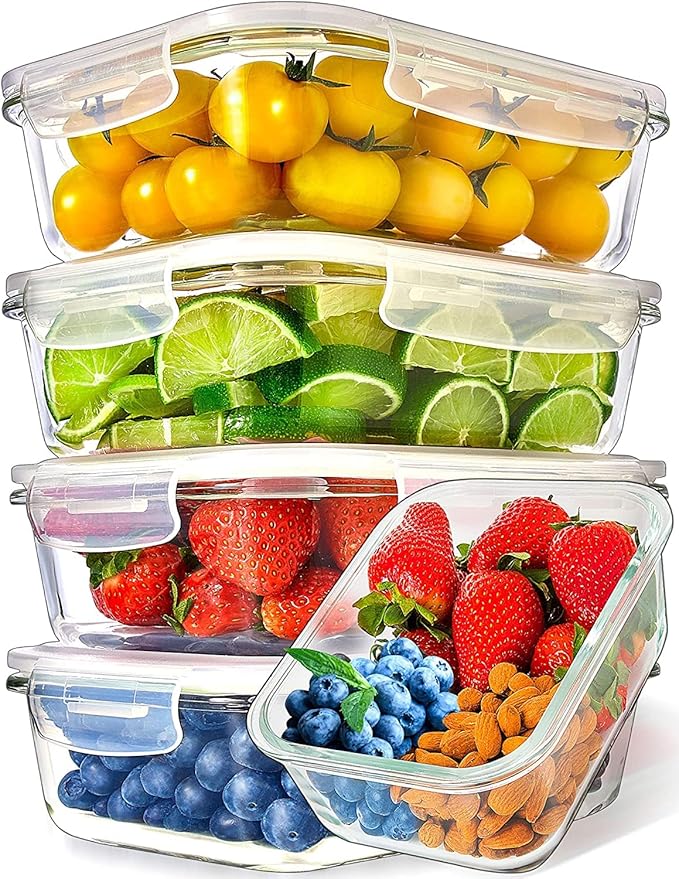 Prep Naturals Glass Meal Prep Containers - Oven, Microwave & Freezer Safe - Leakproof Airtight Glass Storage Containers with Lids - For Food Prep & Lunch - Pack of 5, 36 Oz, Square