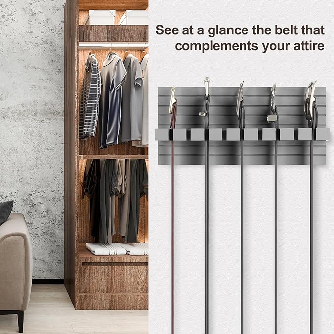 Belt Organizer for Closet, Belt Hanger Wall Mounts to Hold 9 Belts without Slipping, Space Saving Belt Rack for Closet Organization includes Mounting Hardware (11.8” x 5.5” x 2.5”) (Gray)