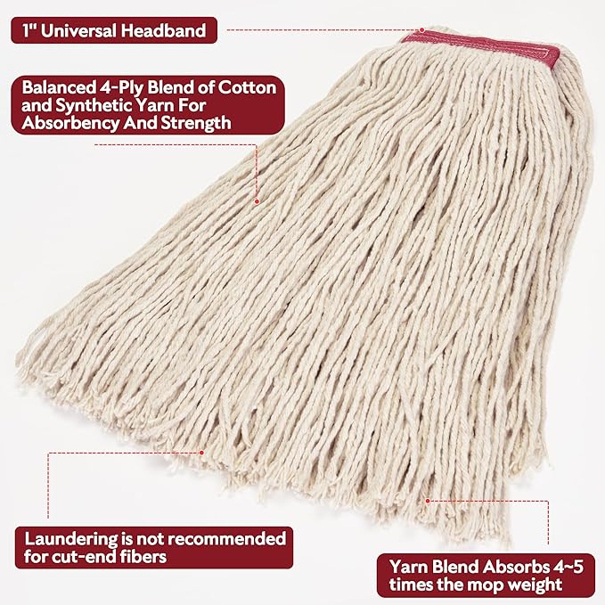 Matthew Cleaning 20oz 12Pack Cotton Mop Head Replacement,Looped-Open String Heavy Duty String Mop Refills,Universal Headband Blend,Floor Cleaning for Home, Industrial and Commercial Use(White)