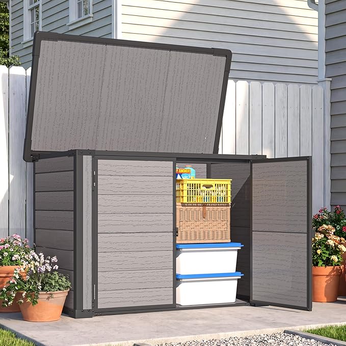 U-MAX Resin Outdoor Storage Cabinet 23 Cu.Ft Box Weatherproof, Plastic Trash Can Storage Shed, Waterproof Horizontal Sheds & Outdoor Storage Clearance with Base for Outside