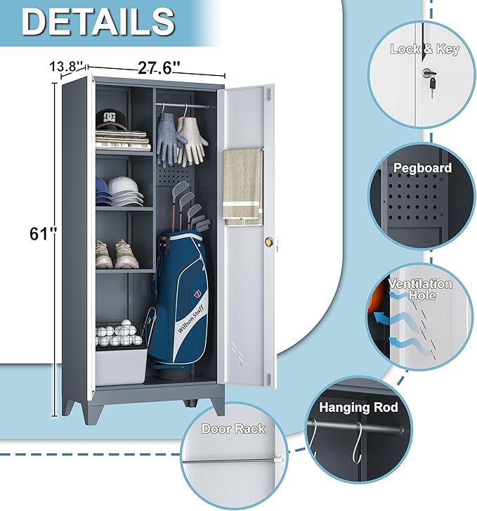 61" Broom Closet Storage Cabinet, Metal Storage Cabinet with Doors, Utility Cabinets for Brooms and Mops, Cleaning Tool Cabinets for Garage, Laundry Room, Bathroom (White)