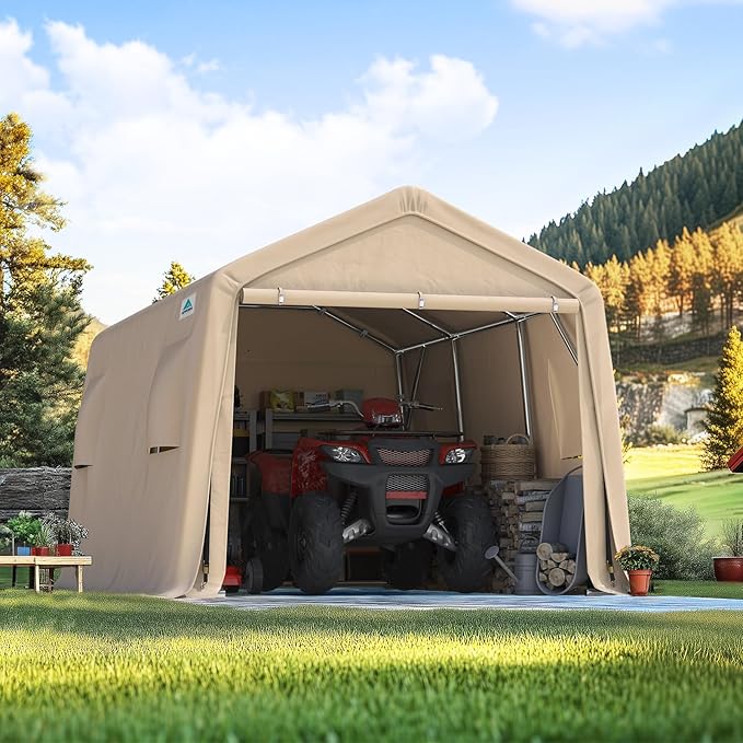 ADVANCE OUTDOOR 10x15 ft Shelter Storage Shed Steel Metal Peak Roof Portable Garage Carports for Motorcycle, Boat or Garden Tools with 2 Roll up Doors & Vents, Beige