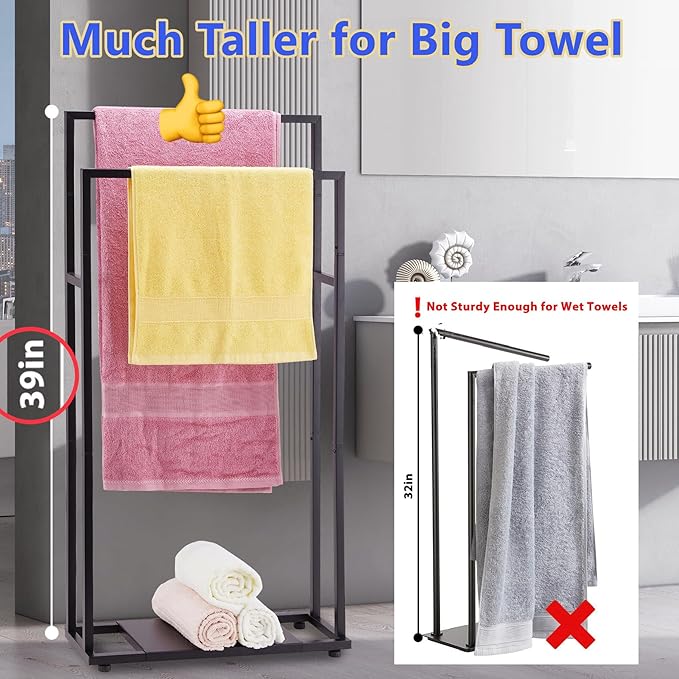 Standing Towel Racks for Bathroom, 39'' Tall 2 Tier Bathroom Towel Stand with Storage Shelves, Modern Standing Pool Drying Rack for Outdoor, Black Blanket Holder, ALHAKIN
