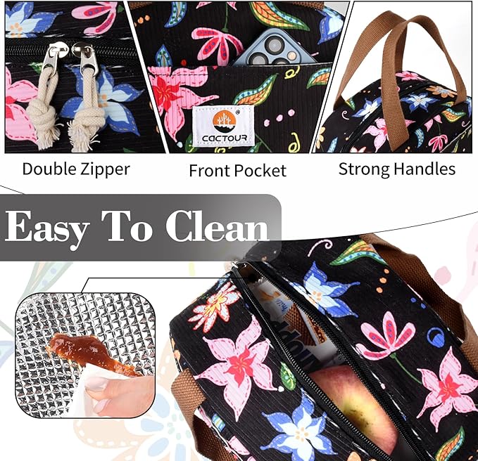 Lunch Box Lunch Bag for Women Girls Teens, Cute Lunch Box Cooler Bag, Portable Small Insulated LunchBox Reusable Corduroy Lunch Tote for Work/Travel/Picnic/School - Floral