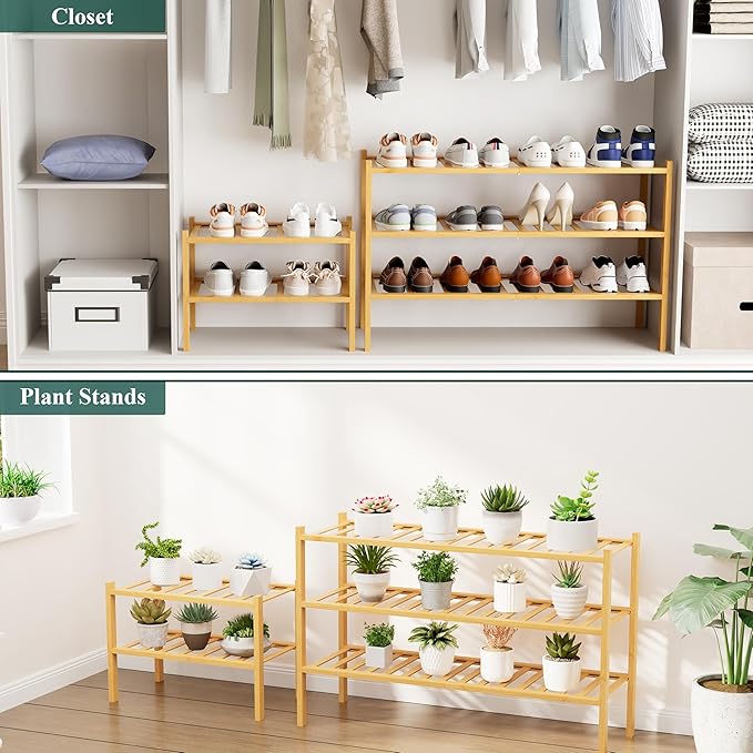 Smiry Shoe Rack, 4 Tier Small Bamboo Shoe Organizer, Stackable Free Standing Wooden Shoe Storage Shelf for Closet, Entryway, Front Door Entrance, Natural