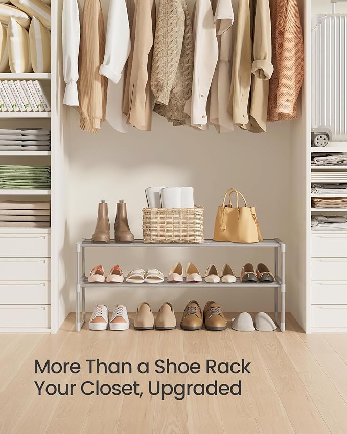 SONGMICS Shoe Rack, 2-Tier Shoe Organizer, Metal Storage Shelf, Upright or Upside Down, for 12-15 Pairs, Stackable, for Entryway, 11.8 x 36.2 x 13.4 Inches, Gray ULSA012G01