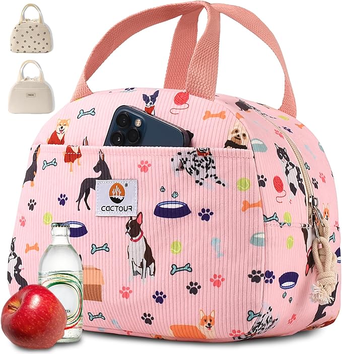 CaCTPUR Lunch Box for Women Girls Teens,Cute Lunch Box Cooler Bag, Portable Insulated Small Lunch Bag Women Reusable Corduroy Lunch Tote for Work/Travel/Picnic/School (Dog Pink,Small)