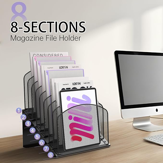Inclined Desk File Organizer Metal Desk Magazine Folder Holder with 8-Section Vertical Compartments Rack File Organizer for Office, Home, School, Black