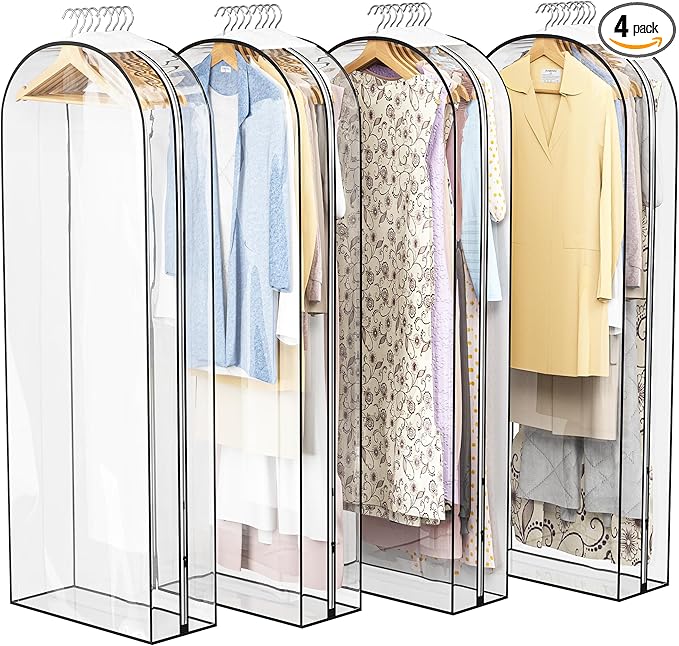 Clear Garment Bag for Hanging Clothes 10” Gusseted, 60” Suit Bags for Open Closet Storage Plastic Clothes Cover for Coat, Dress, Shirts, Fur, Jacket, Wardrobe Protectors, 4 Pack
