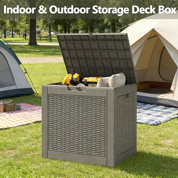 30 Gallon Outdoor Storage Box, Resin Deck Boxes Outdoor Waterproof For Patio Furniture, Garden Tools, Pool Supplies, Lockable And UV Resistant (Rattan Black)