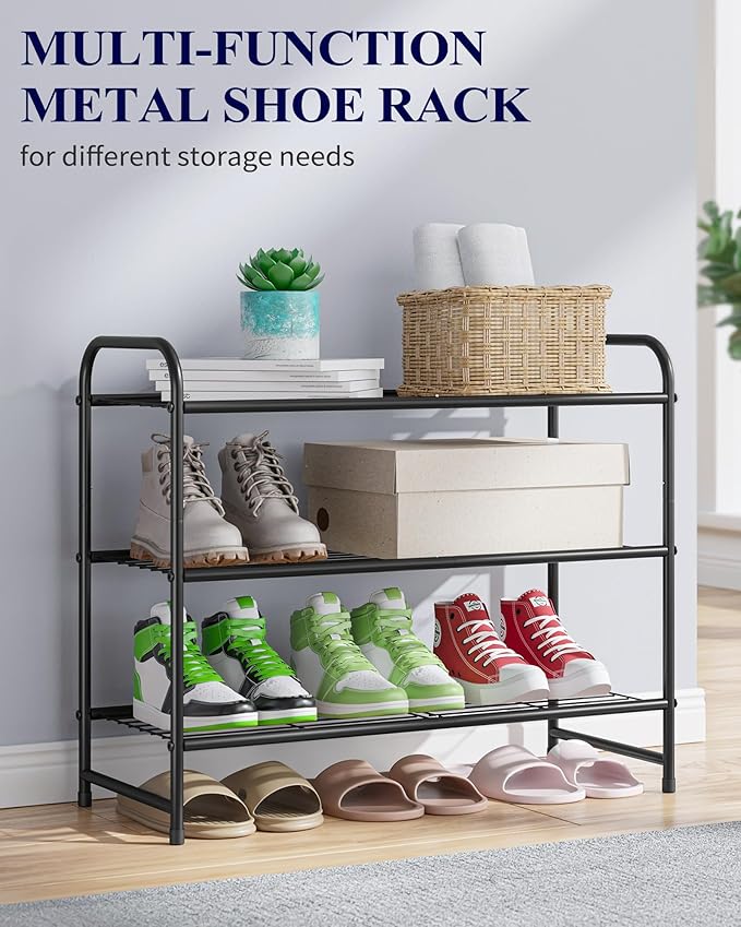 Kitsure Shoe Rack - Stainless Steel Shoe Organizer, Sturdy Shoe Rack for Closet and Front Door Entrance, Free Standing Shoe Shelf, Closet Organizers and Storage, 25.6" Wide - 3 Tier, Black
