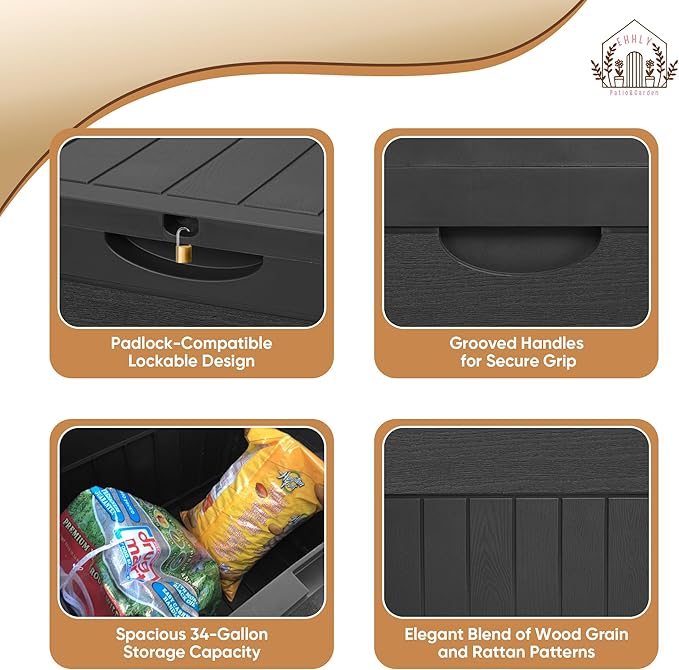 EHHLY 31 Gallon Deck Box, Small Outdoor Storage Box Waterproof, Lockable Secure Package Bin Delivery Box for Outside Front Porch, Patio Cushions Storage Box, Delivery Driver Snack Box for Porch, Black