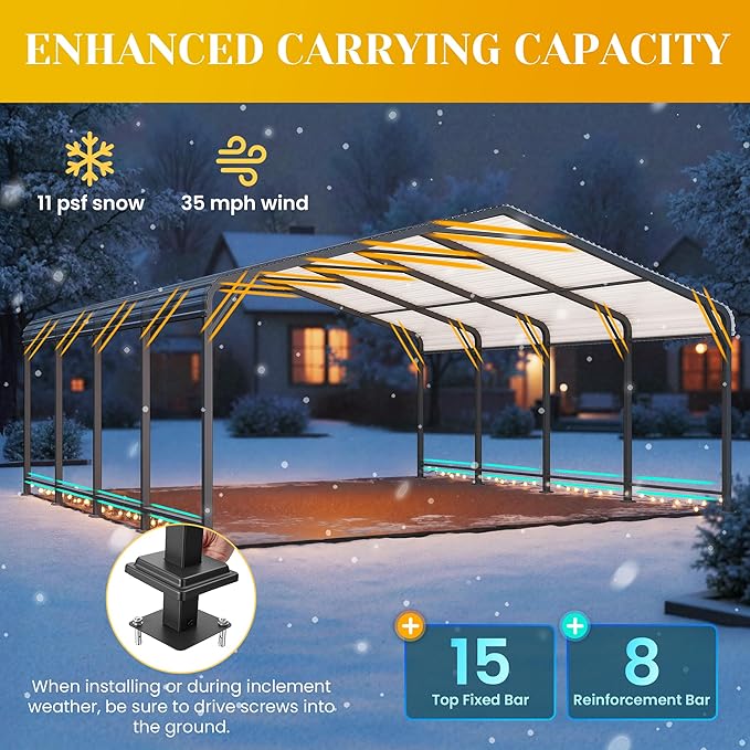 20' x 20' Metal Carport with Updated Roof & Enhanced Base, Heavy Duty Canopy Carport Garage, Vertaile for Car, Truck, Boat, Tractors, Party, Grey