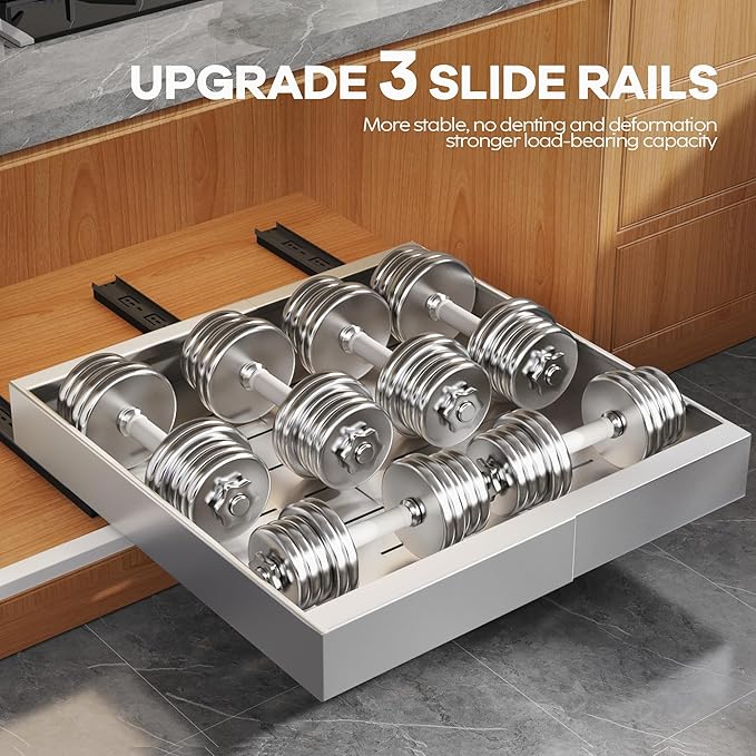 4Pack Expandable Pull Out Cabinet Organizer 21" Deep with Raising Pad for Framed Cabinets,Slide Out Drawers with 4pcs Divider Racks,Roll Out Shelves,Adjustable Width 12.05"-20.4" Silver