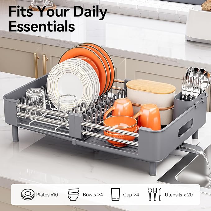 Stainless Steel Dish Drying Rack - Dish Drainer for Kitchen Counter, Extendable Drainboard with Foldable, Space-Saving Cup & Bowl Organizer, Includes Knife and Utensil Holder, Gray