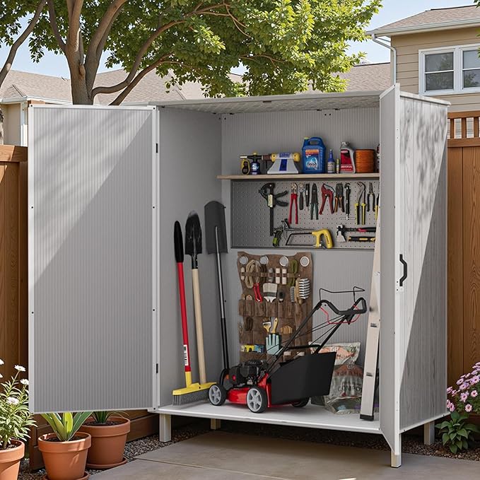 Patiowell Plastic Outdoor Storage Shed with Floor, 5 x 3 FT Patio Outdoor Storage Cabinet with Stable Roof & Lockable Doors, Waterproof Resin Shed for Tools, Patio Furnitrue Accessories, Light Gray