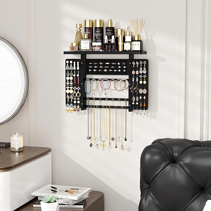 Emfogo Jewelry Organizer Hanging Wall Mounted Jewelry Holder, 5-in-1 Large Capacity Necklace Organizer Wall Display for Ring, Necklaces, Bracelets, Earrings(Black)