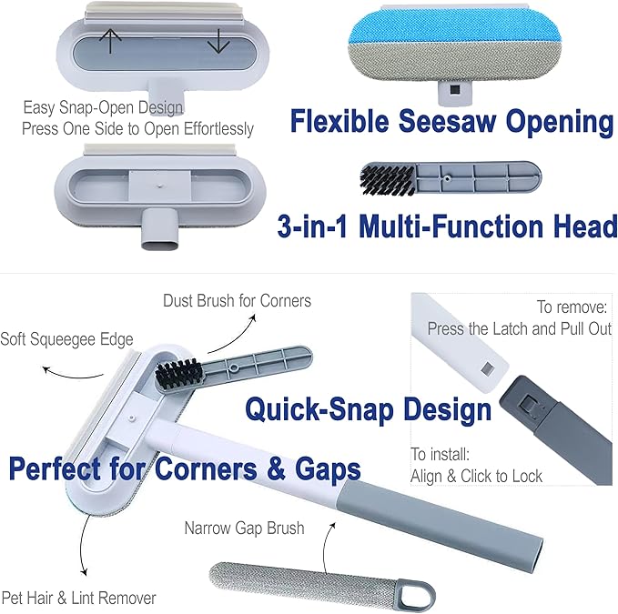 Window Screen Cleaning Brush Kit, Household Wet & Dry Cleaning Tool for Window Screens, Tracks and Frames, Includes Crevice Brush, Corner Brush, Microfiber Cloth and Hooks