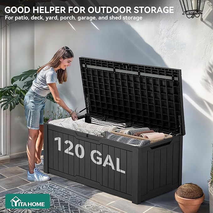 YITAHOME Outdoor Storage Box, 120 Gallon Waterproof Deck Box for Garden Tools, Patio Cushions, and Pool Accessories, Lockable, Easy Assembly, Versatile Bench or Table (Dark Gray)