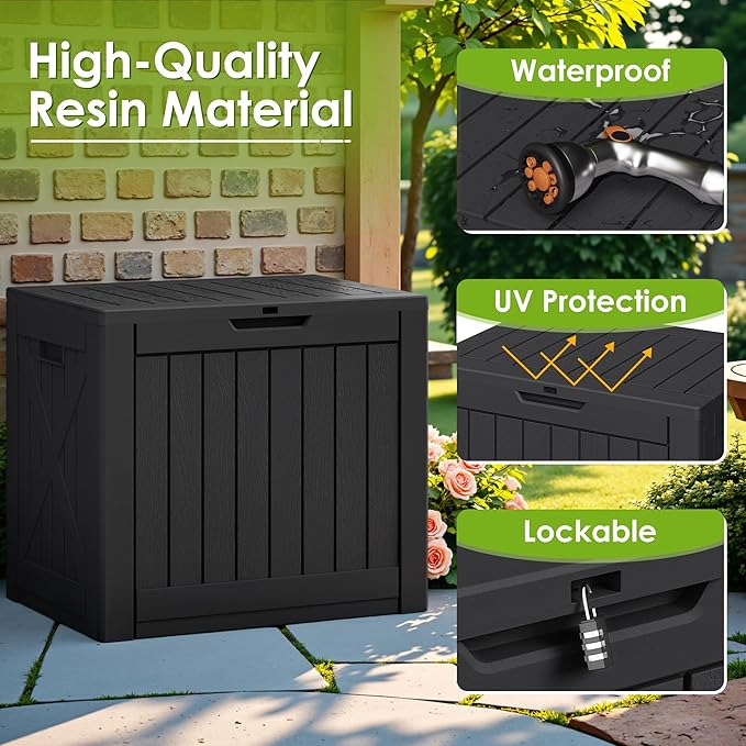 Greesum 40 Gallon Outdoor Deck Box with Lock, Resin Storage Chest for Patio Furniture Cushions, Garden Tools, Pool Toys, Waterproof & UV Resistant, Large Capacity, Dark Black