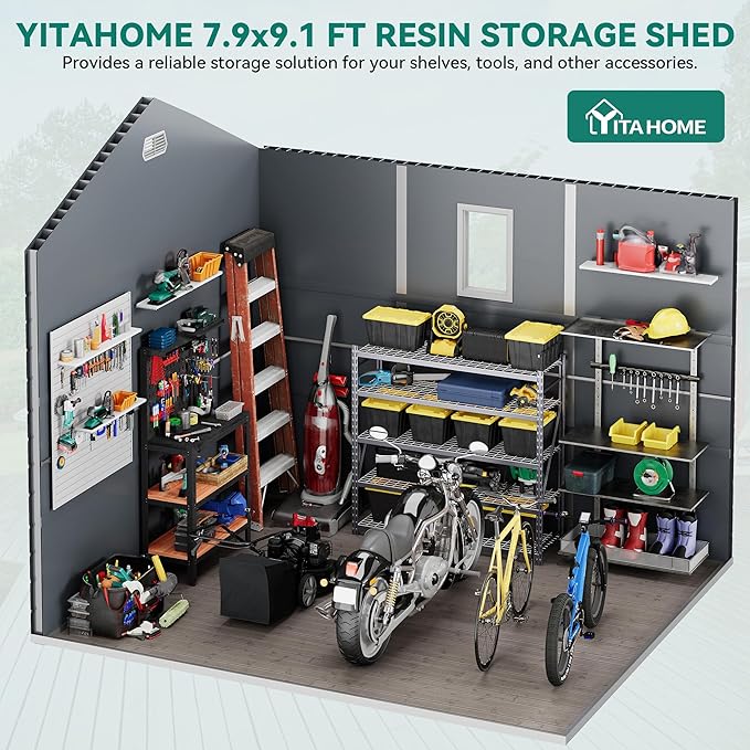 YITAHOME 8x9 FT Outdoor Storage Shed w/o Floor, All-Weather Plastic Shed with Lockable Doors, Window & Vents, Plastic Tool Shed for Backyard, Patio, Poolside, Lawn, Gray