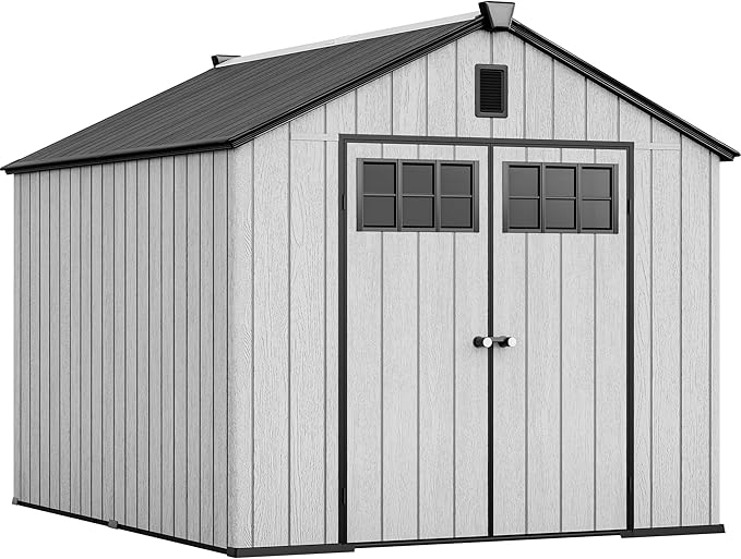 YITAHOME 8x10 FT Outdoor Storage Shed with Floor, Extra Thick Plastic Garden Shed for Bikes, Tools and Pool Supplies, Outdoor Resin Shed with Door Window Insert & Vents for Patio, Lawn, Backyard, Gray