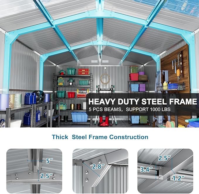 10x16 FT Metal Outdoor Storage Shed,Unique Clear Roof Window Lockable Double Door Air Vent Heavy Duty Reinforced Frame Waterproof Sheds for Garden Yard Large Lawnmower Tool,Dark Grey