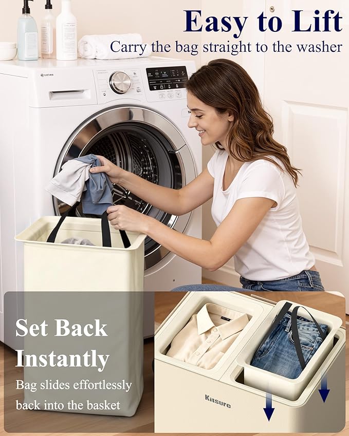 Kitsure Laundry Basket 95L – Large Laundry Hamper with Lid, 2-Compartment Divided Clothes Sorter with Removable Hamper Bags, Beige Organizer for Laundry Room, Bathroom & Bedroom, 22.2" x 16" x 27.4"