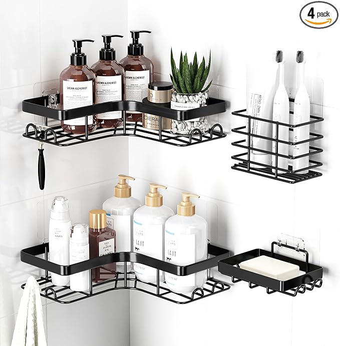 Corner Shower Caddy - 4-Pack Shower Organizer with Soap Holder & Toothbrush Holder, Rustproof Metal Shower Shelves, Laundry, Kitchen, Bathroom Organizers and Storage Solution, Large, Black