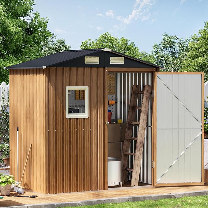 6X4FT Garden Storage Shed with Frame Floor & Lockable Door,Steel Tool Shed with 1 Clear Window, Anti-Corrosion Metal Shed for Backyard Patio Lawn (Light Wood Grain)