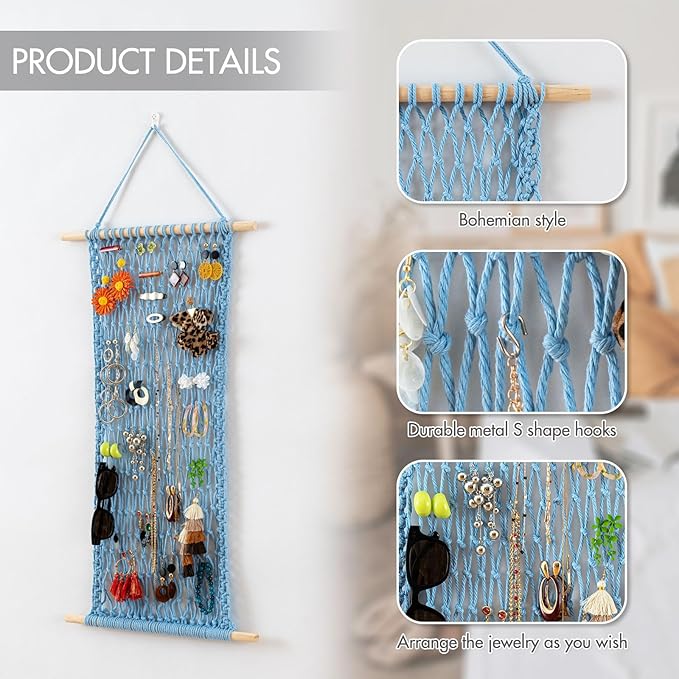 Pretty Jolly Hanging Jewelry Mesh Organizer Macrame Wall Mounted Necklaces Storage Earring Display Rack Girls Hair Clips Hanger with 20 Pieces S Shape Hooks for Bracelets,Necklace and Rings(Blue)