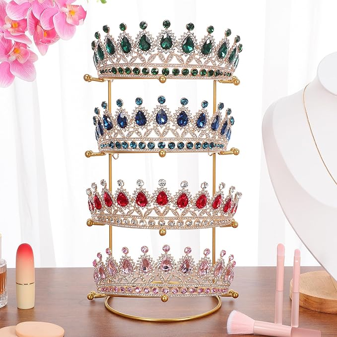 Crown Display Stand, Jewelry Organizer Stand 4-Layer, Metal Necklace Display Holder, Vintage Headband Display, Gold Headdress Storage Rack Display for Crown Hairband Necklace Jewelry