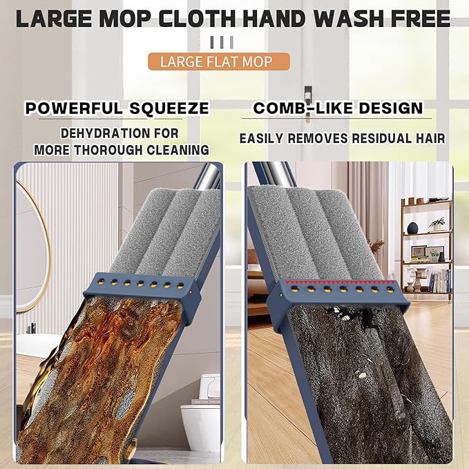 2025 New Large Flat Mop with 6 Reusable Mop Head Dry and Wet, Flat Mop and Bucket Set, Adjustable Handle Self Wringing Flat Mops, 360 Rotation Flat Mop (Blue with 6pcs Mop Head)