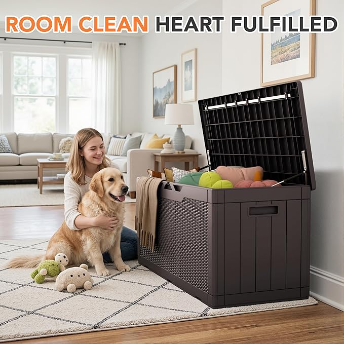105 Gallon Deck Box Outdoor Indoor Waterproof Storage Box for Patio Furniture, Pool Accessories, Garden Tools, and Cushion Storage, Brown