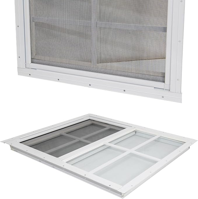 Yuzzy 18" x 27" Shed Windows with Tempered Glass and Fiberglass Screen, 2 Pack Small Sliding Windows for Shed, Chicken Coop, Playhouse, Household, Garage, Barns (White)