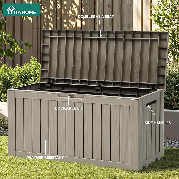 YITAHOME 72 Gallon Outdoor Storage Box w/Wheels, Resin Deck Box Indoor & Outdoor Patio Storage Box for Throw Pillows, Athletic Gear, Yard (Light Brown)