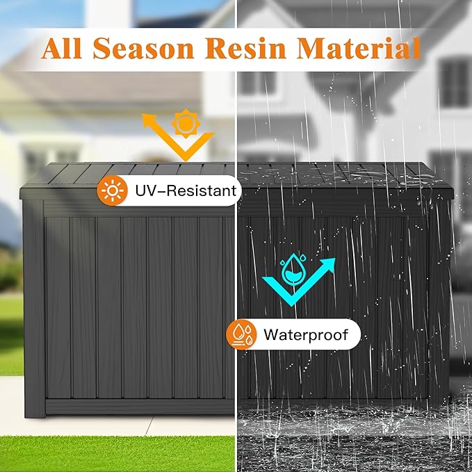 200 Gallon Outdoor Storage Box, Waterproof Deck Box with Handles and Lockable Lid, Resin Patio Storage Box with Hydraulic Rods for Garden Tools, Cushions, Black