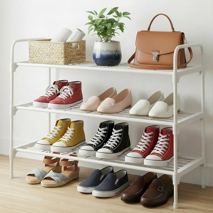 3-Tier Shoe Rack Organlzer, Rustproof lron, Spaclous Shoe Storage Shelf for Closet or Entryway, Fits Sneakers & Slippers, White