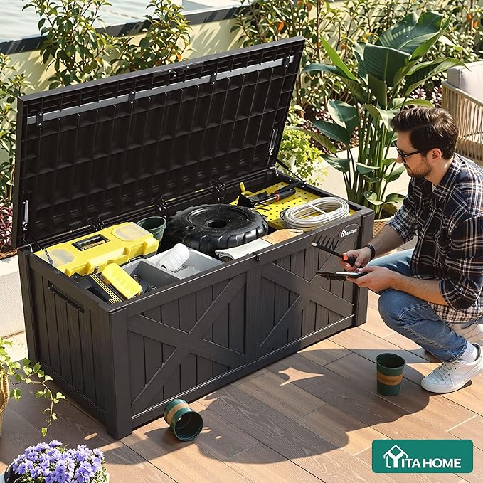 YITAHOME 150 Gallon Large Outdoor Storage Box with X-Shaped Front, Waterproof Resin Deck Box Cushion Storage Bench for Patio, Pool Supplies, Garden Tools - Lockable, Black