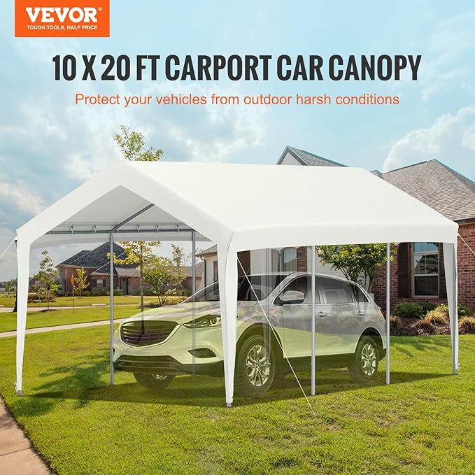 VEVOR Carport Replacement Canopy Cover, 10 x 20 ft, Ripstop Triple-Layer PE Fabric Garage Top Tarp Shelter Cover, UV Resistant Waterproof Car Cover Tent for Carports (Frame is not Included), White